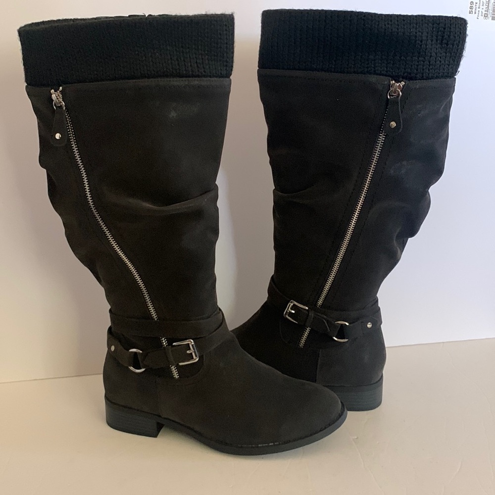 Torrid Black Oiled Sweater Trimmed Buckle Knee- High Boot Sz 9WW Wide Calf